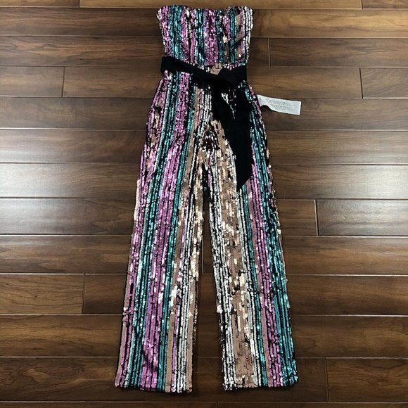 Dress the Population Pants - Dress the Population Size Small Amethyst Stripe Sequin Andy Strapless Jumpsuit